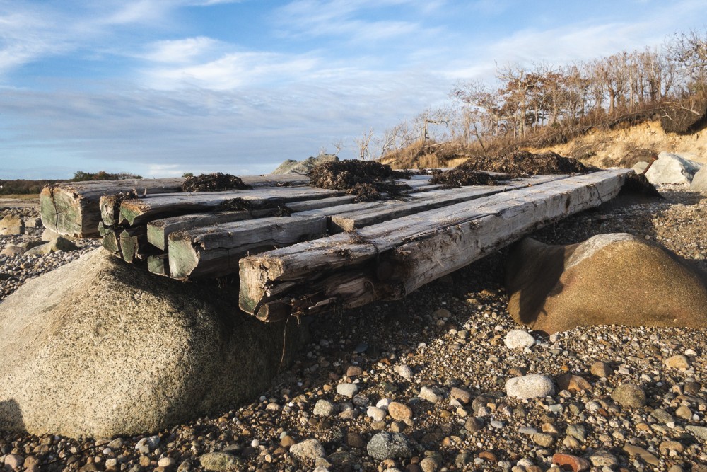 Weathered wooden beams piled on a rocky beach with a backdrop of leafless trees and a clear sky.