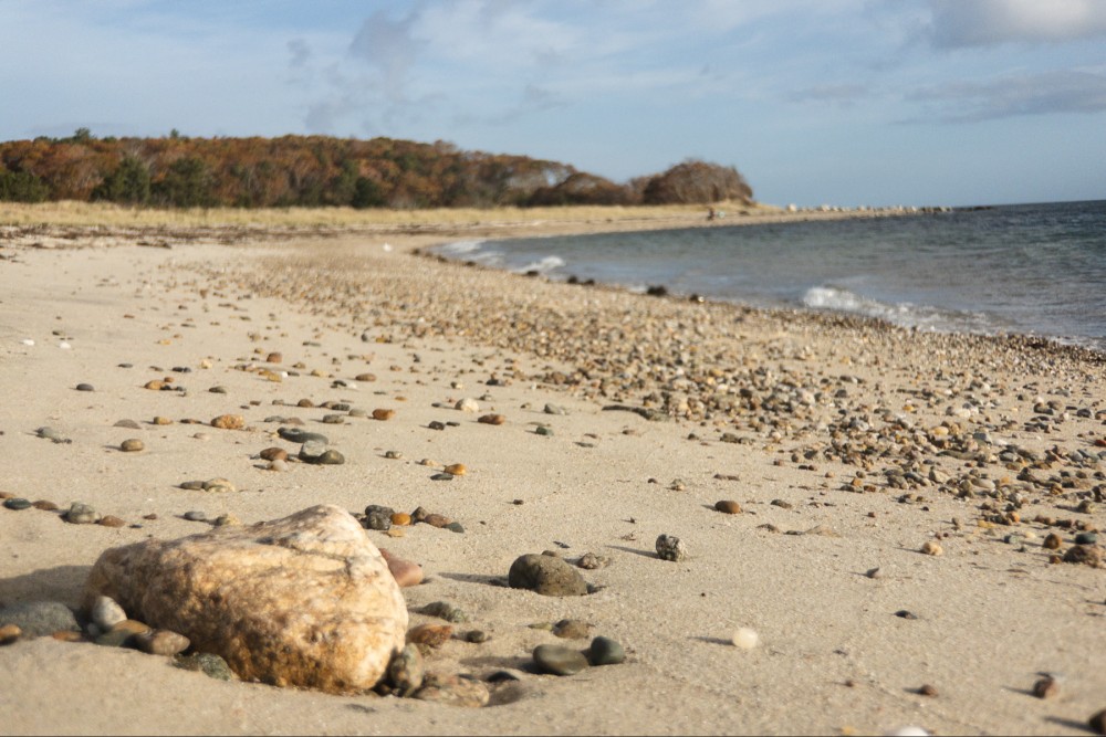 A pebbled beach with a large rock in the foreground, gentle waves nearby, and vegetation in the background under a sunny sky.