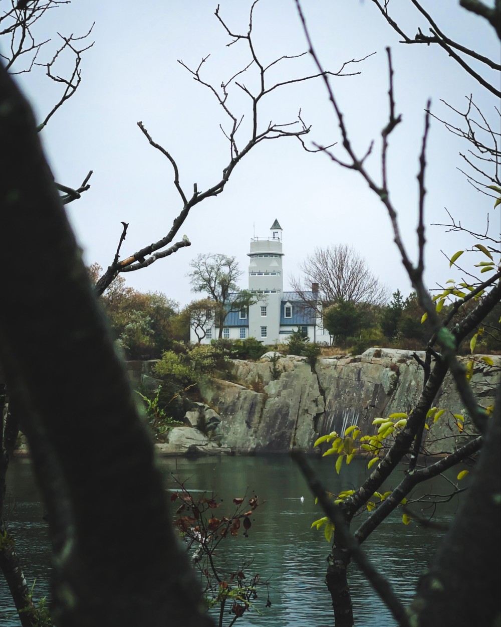 A lighthouse-like building behind bare and budding branches, overlooking a quarry with rocky cliffs in the foreground on a cloudy day