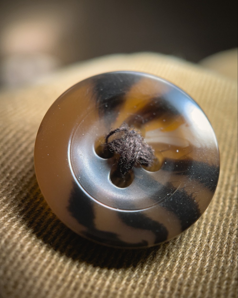 Macro photo of an opaque brown button with black stripes sewed onto a khaki fabric.
