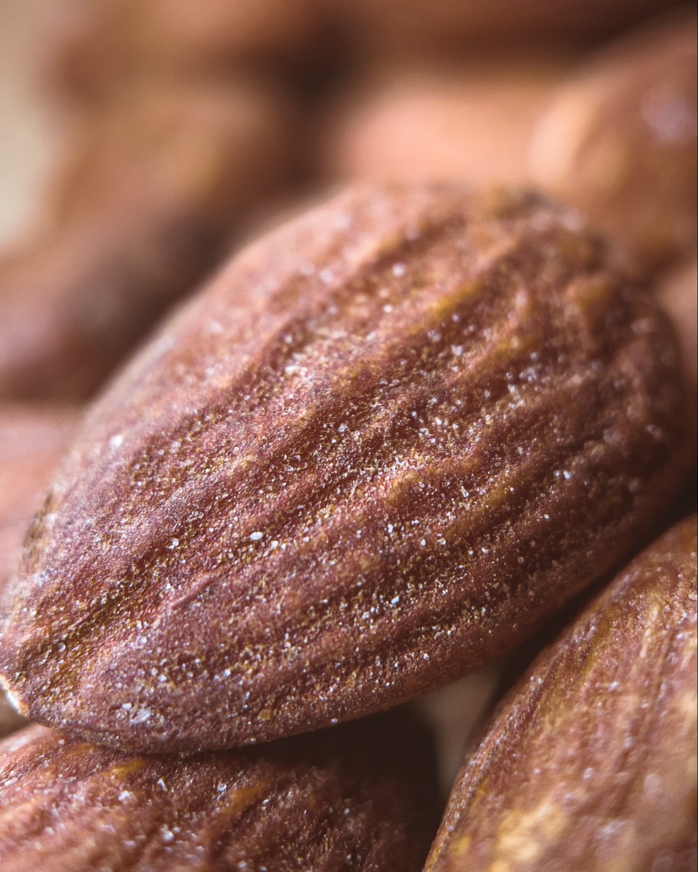 Macro photo of an almond on top of a blurred pile of other almonds. The almond's texture and salt particles are prominent.