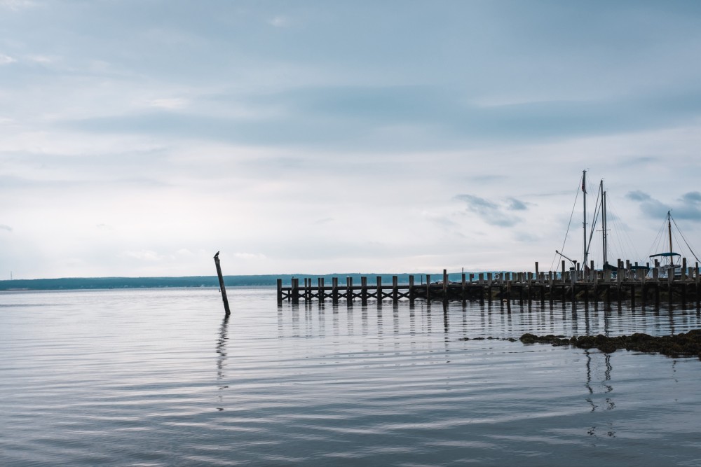 A wooden pier and moored sailboats under a calm, cloudy sky, with a bird perched on a wooden pole in the water.