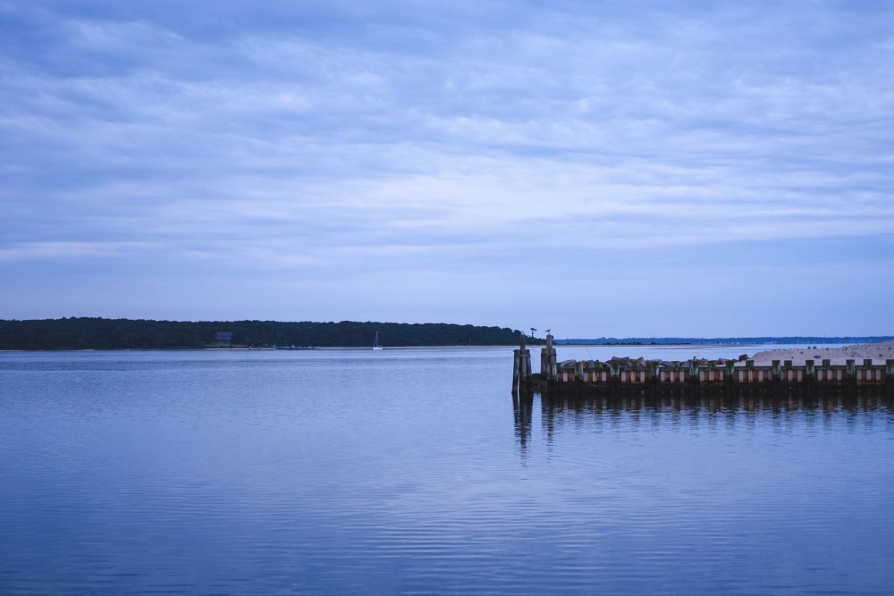 A serene waterscape with a calm body of water, a dock on the right side with birds perched on pilings, a sailboat in the distance, and a treeline against a cloudy sky. The overall color palette is blue and cool