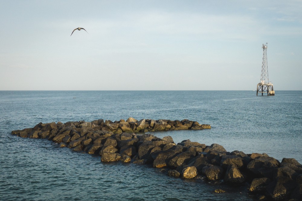 A seagull flying over a rocky breakwater with a metal tower structure in the background, set against the calm sea and clear sky.