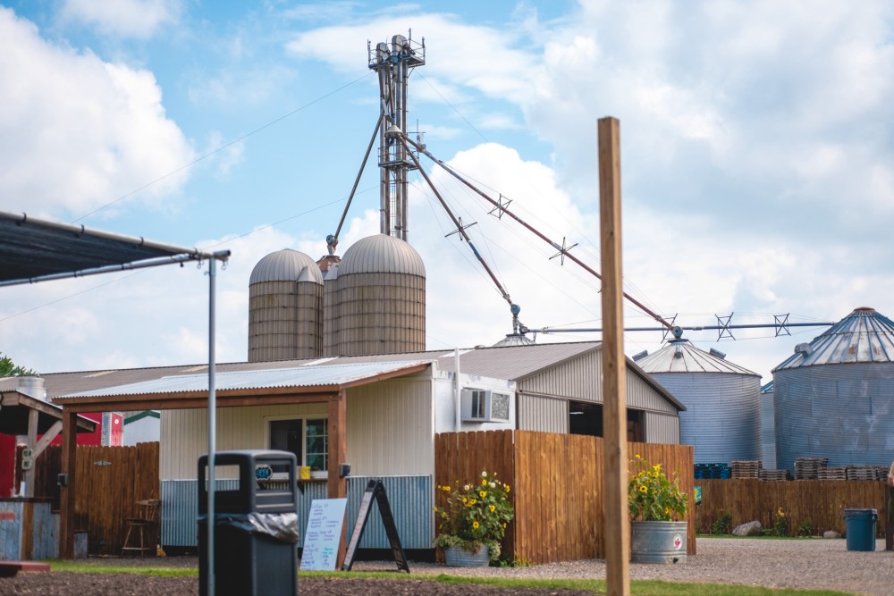 A farm with silos, a grain elevator, and various agricultural buildings under a blue sky with clouds. There's a wooden fence and sunflowers in the foreground.